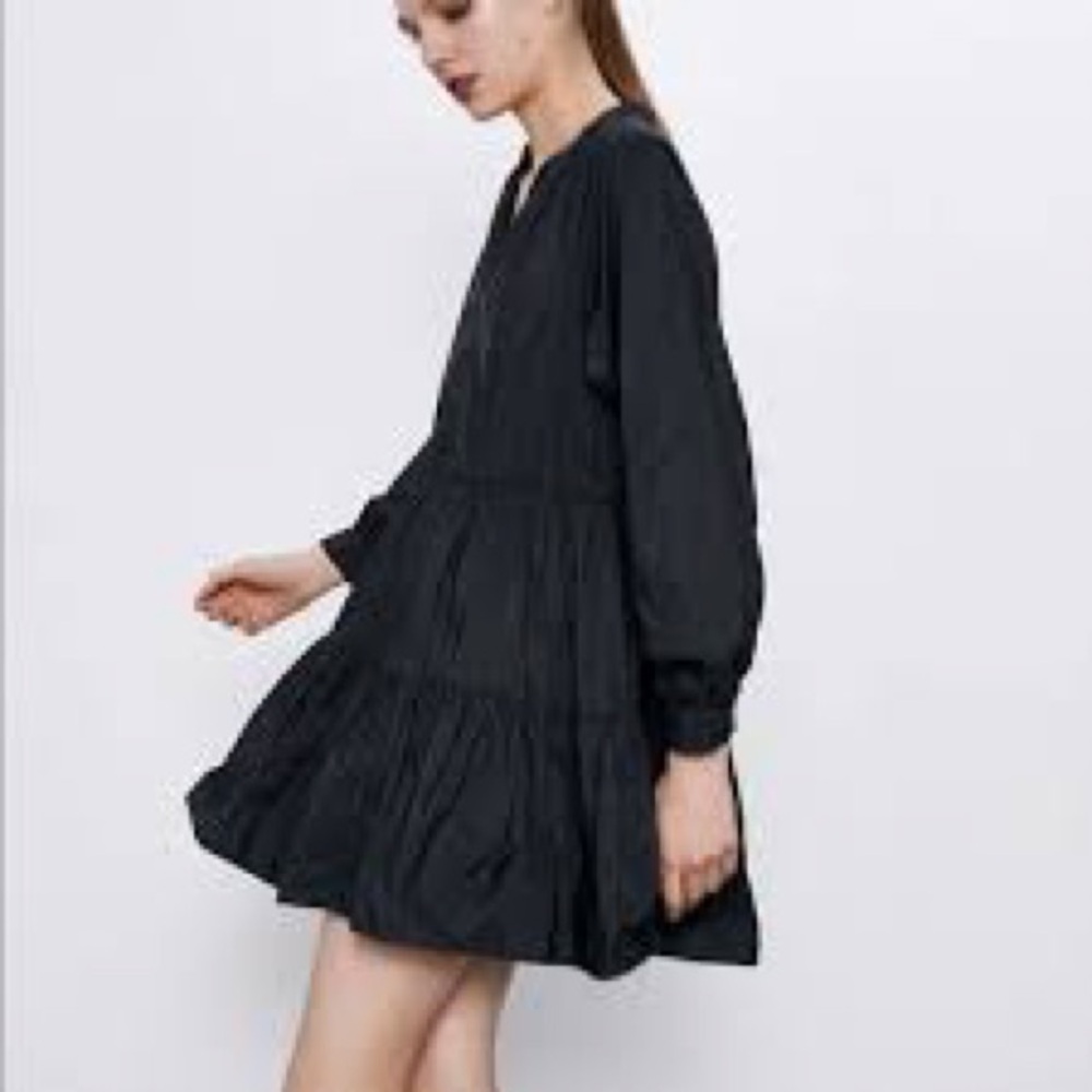 Zara Black Taffeta Tiered Mini Babydoll Dress L